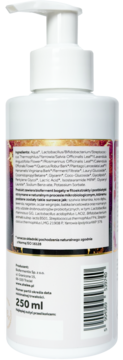 Tył białej butelki naturalnego płynu do higieny intymnej z pompką, biofermentem, składniki, 250 ml.