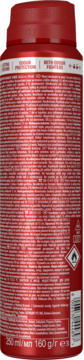 Tył czerwonego dezodorantu Old Spice Epic Legend w sprayu z drobnym białym tekstem i symbolami ostrzegawczymi.