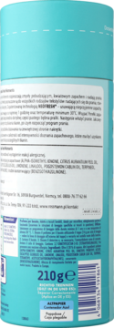 Tył turkusowego cylindrycznego opakowania odświeżacza do tkanin NEOFRESH 210g, z białą etykietą i kodem kreskowym.
