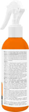 Tylna strona pomarańczowej butelki ze spryskiwaczem, z białą etykietą i tekstem produktu w wielu językach.