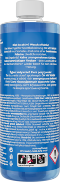 Tył niebieskiej butelki OH MY WASH! żelu do prania sportowego, z etykietą, tekstem PL/DE i symbolami.