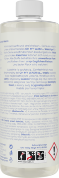 OH MY WASH! żel do wełny i delikatnych tkanin 975 ml, tył przezroczystej butelki z etykietą, opisem i symbolami.