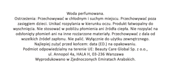 Tekst z ostrzeżeniami dla Wody perfumowanej: łatwopalność, przechowywanie poza zasięgiem dzieci, dane producenta na białym tle.