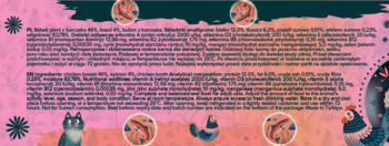 Grafika informacyjna karmy Łapsie Kurczak z Łososiem dla kotów: różowe tło z tekstem i rysunkowymi kotkami.
