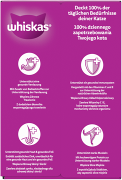 Panel informacyjny Whiskas z fioletowym tłem, logo i opisem 100% dziennych potrzeb kota, trawienia i odporności.