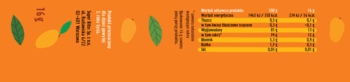 Pomarańczowe opakowanie batonu GRYZOL Mango, z grafiką zielonych liści, żółtych owoców i tabelą wartości.