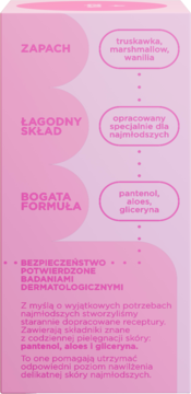 Hugsy The Star, różowy panel informacyjny ze składem: zapach truskawka, marshmallow, wanilia; pantenol, aloes, gliceryna.