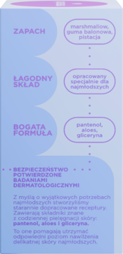 Tył opakowania Hugsy The Dreamer dla dzieci: opis zapachu (pianki, gumy balonowej), skład z pantenolem, aloesem.