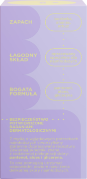 Tył fioletowego opakowania Hugsy The Icon z opisem łagodnego składu, pantenolu i badań dermatologicznych.