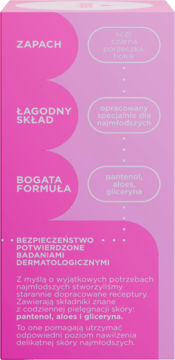Różowa etykieta Hugsy The Besties: opis cech produktu, zapachu (czarna porzeczka, fiołek), składu z pantenolem i aloesem.