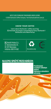 Tył opakowania kawy rozpuszczalnej Starbucks, karmel. Tło zielone z pomarańczowym wzorem, informacje o firmie, termin przydatności.