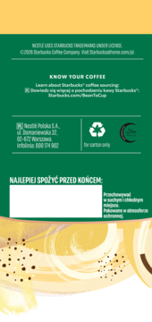 Tył opakowania Starbucks Vanilla Latte, zielone tło. Informacje o producencie, kawie, recyklingu i terminie przydatności.
