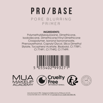 Tył opakowania MUA PRO/BASE Pore Blurring Primer z listą składników: Bisabolol i Tocopheryl Acetate. Logo Cruelty-Free.