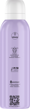 Tył fioletowej butelki termowygładzającego air-sprayu. Widoczne biała nakrętka, certyfikaty Vegan, PETA, Plasticbank i QR kod.