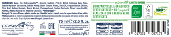 Tył tubki pasty Biorepair z microRepair, 75ml. Białe opakowanie z zielonymi akcentami, certyfikaty i kod.