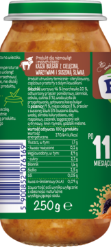 Tył zielonej etykiety słoiczka kaszki burgur z cielęciną, warzywami i śliwką, wartości odżywcze, 250g.