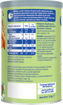 Tył zielonego opakowania Gerber Organic Chrupiące Falki Marchewka Truskawka, z tabelą wartości odżywczych i składem.