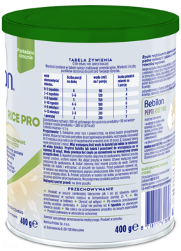 Tył zielono-białej puszki Bebilon pepti RICE PRO dla alergików, z tabelą żywienia i tekstem.