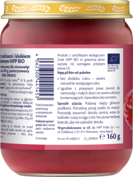 Tył słoiczka HiPP BIO z przecierem malinowym, widoczne etykiety z opisem, składem, kodem kreskowym, 160g.