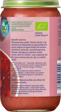 Różowa tylna etykieta Barszczyku z wołowiną HiPP BIO: ekologiczny posiłek dla dzieci bez soli, z instrukcją.
