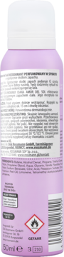 Fioletowy dezodorant w sprayu Isana, widok z tyłu butelki z etykietą, składnikami i symbolem łatwopalności.