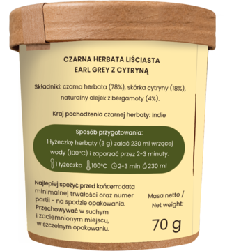 Luźna czarna herbata Earl Grey z cytryną 70g w beżowym kubku z drewnianą pokrywką, widok z przodu.