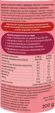 Tył opakowania bezglutenowego napoju owsianego matcha truskawka marakuja z B12, ze składnikami i tabelą wartości.