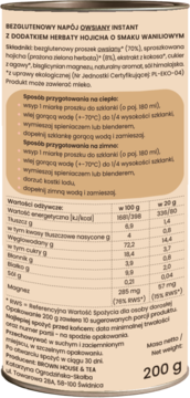Tył opakowania napoju owsianego instant Hojicha wanilia, z listą składników i tabelą wartości odżywczych.