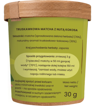 Zielone opakowanie matchy truskawkowej z nutą kokosa 30g, widok z boku z polskim opisem produktu.