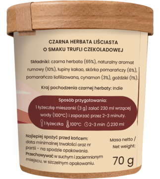 Kartonowe opakowanie czarnej herbaty liściastej o smaku trufli czekoladowej 70g, widok z boku z etykietą.
