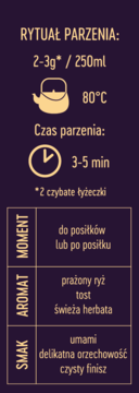 Grafika o Genmaicha Classic Herbata zielona: parzenie (80°C, 3-5 min), smak (umami, orzech), aromat (ryż, tost).