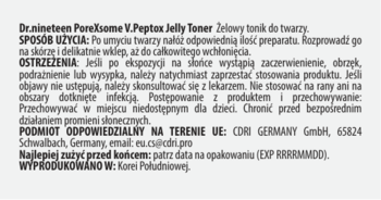 Tył opakowania toniku Dr.nineteen Parellsame V.Peptax Jelly Toner, biała etykieta z tekstem PL: użycie, ostrzeżenia.