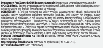 Dr. ninetwo ReORN Exosome Ampoule: tekst z instrukcjami użycia i ostrzeżeniami dla serum do twarzy.