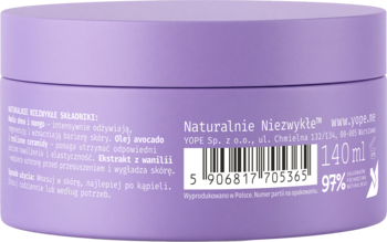 Jasnofioletowy słoik YOPE 140ml, widok od tyłu z etykietą 'Naturalnie Niezwykłe', składem i kodem kreskowym.