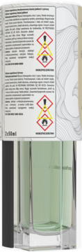 Etykieta dyfuzora 2x50ml Kwiat jabłoni & Cytrusów, zielony płyn w butelce. Widoczne symbole ostrzegawcze.