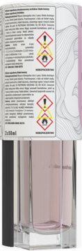 Tył dwukomorowego dyfuzora Orchidea i Białe Kwiaty, butelka z różowo-brązowym płynem i etykietą 2x50ml z symbolami zagrożeń.