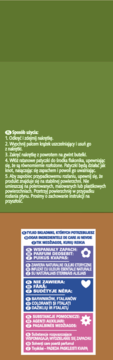 Fragment opakowania produktu, polskie instrukcje użycia i szczegóły składu na zielono-brązowym tle, z ikonami.