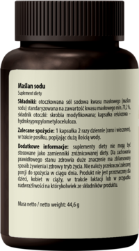 Ciemnobrązowa butelka Intenson Maślan Sodu 720 mg, widok z tyłu z etykietą i dawkowaniem suplementu diety.