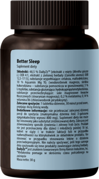 Tył ciemnobrązowej butelki Intenson Better Sleep 1 mg Melatoniny z widoczną etykietą i składnikami.