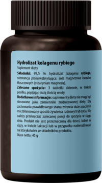Intenson Kolagen morski 90 tabletek, czarna butelka z niebieską etykietą, widok z tyłu z opisem składu.