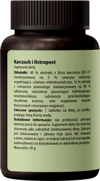 Tył ciemnej butelki Intenson Ostropest & Karczoch suplement diety, z zieloną etykietą i opisem składu.