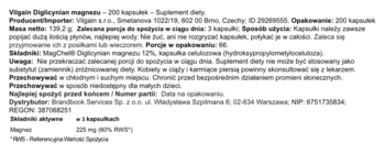 Etykieta suplementu Vilgain Bisglicynian Magnezu 200 kapsułek, z bliska, z listą składników i dawkowaniem.