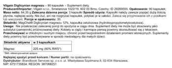 Tył opakowania Vilgain Bisglicynian Magnezu, biała etykieta z tabelą składników, dawkowaniem i tekstem po polsku.