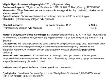 Vilgain Hydrolizowany Kolagen Rybi 250g, suplement diety, zbliżenie na białą etykietę z polskim opisem i składem.