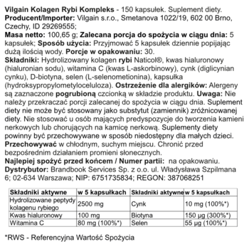 Tył opakowania Vilgain Kolagen Rybi Kompleks 150 kaps. z informacją o składzie, dawkowaniu i alergenach.