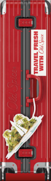 Czerwona walizka Old Spice Captain Travel Kit z tropikalną naklejką i napisem Travel Fresh, widok z przodu.