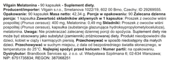 Vilgain Melatonina. Tył opakowania: biała etykieta z polskim opisem składu, dawkowania i ostrzeżeń suplementu na sen.