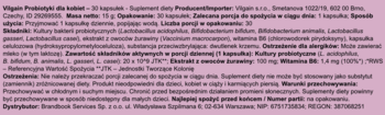 Tekst z etykiety Vilgain Probiotyki dla kobiet, zawierający skład i dawkowanie, na różowym tle.