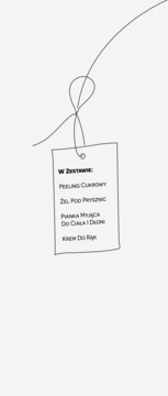 Rysunkowa etykieta z listą kosmetyków truskawka marshmallow: peeling cukrowy, żel, pianka, krem do rąk.