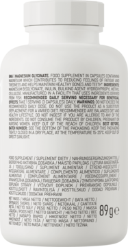 Biała butelka OstroVit Magnesium Glycinate suplement diety, tył z czarnym tekstem składu i wagą 89g.